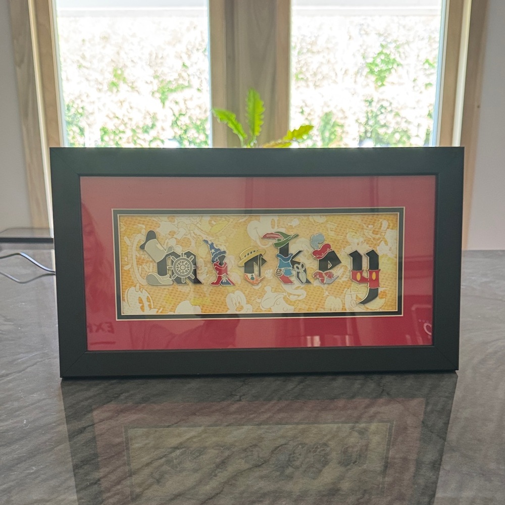 Disney Framed Multicolor Character PIN Name Art with Red Mat COLLECTORS PIECE